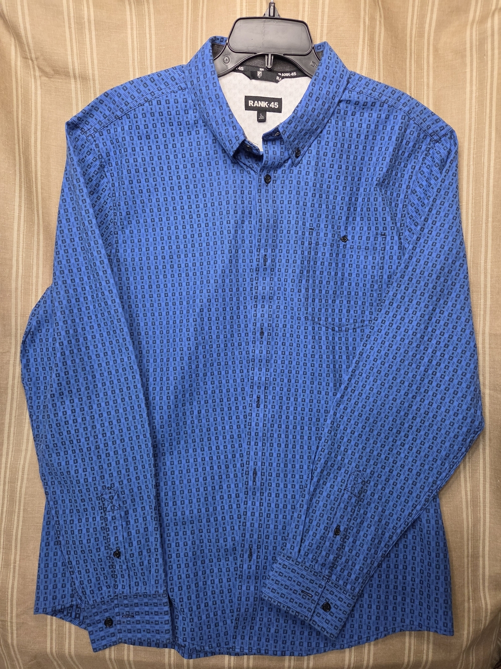 RANK-45 Men's L Blue Geometric Woven Long Sleeve Button-Up Point Collar Shirt